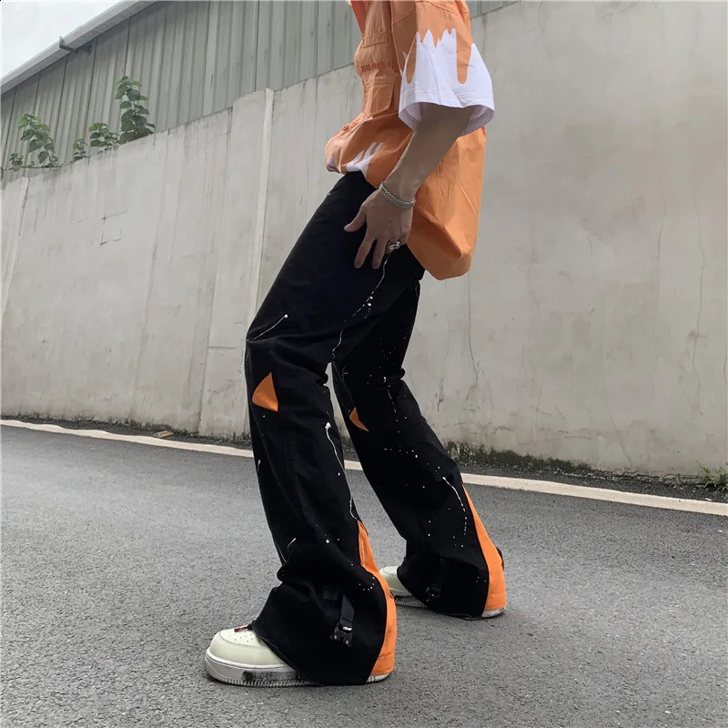 ICCLEK High Street Loose Jeans Zipper Slit Flared Pants Mens Pants Casual Black Denim Pants Stacked Jeans Men Jeans Pants 240819