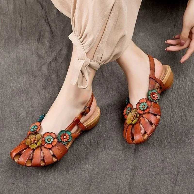 Retro Women Rome Sandals 2024 Summer Flower Buckle Design Soft Leather Platform Sandal Casual Fashion Mom Shoes Sandalias Mujer CL240806