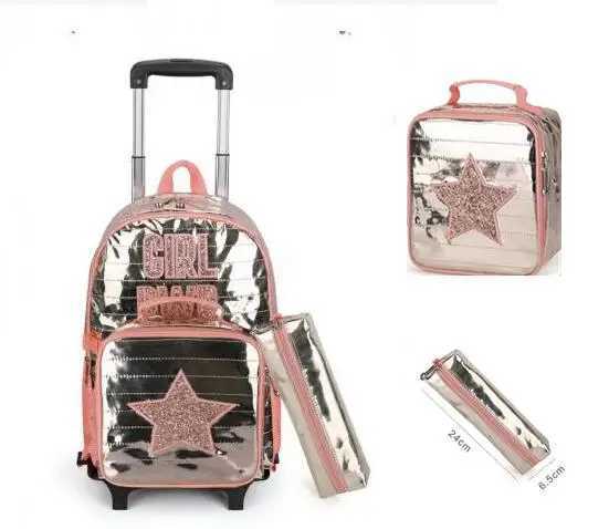 Primary School Trolley Kids Wheeled Bacpack School Bag With Wheels For Girls Primary School Trolley Bag Set Lunch Bag Pen Bag Y240820