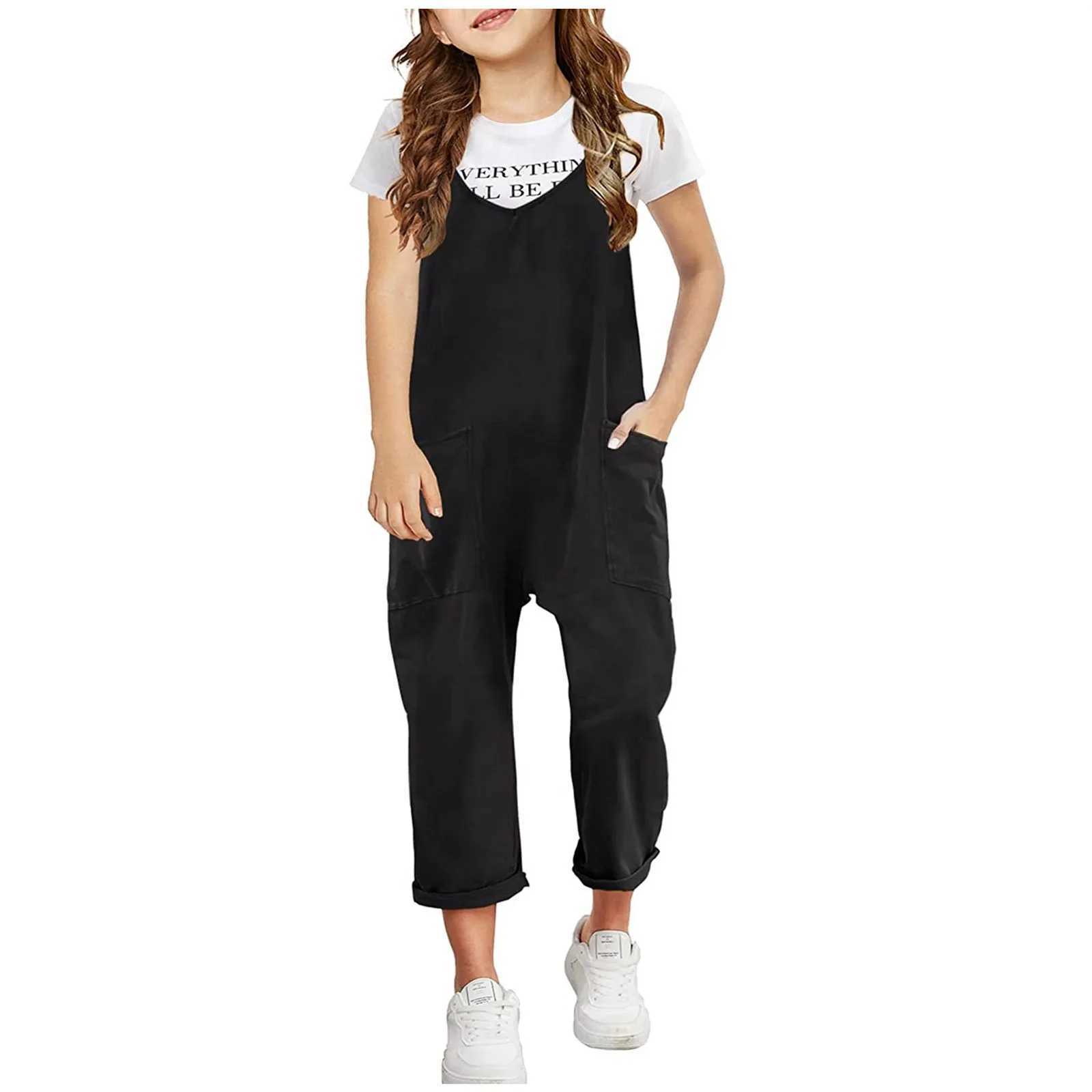 Girls casual sleeveless jumpsuit with spaghetti straps comfortable loose top pants pocket thin lotus dress W240806