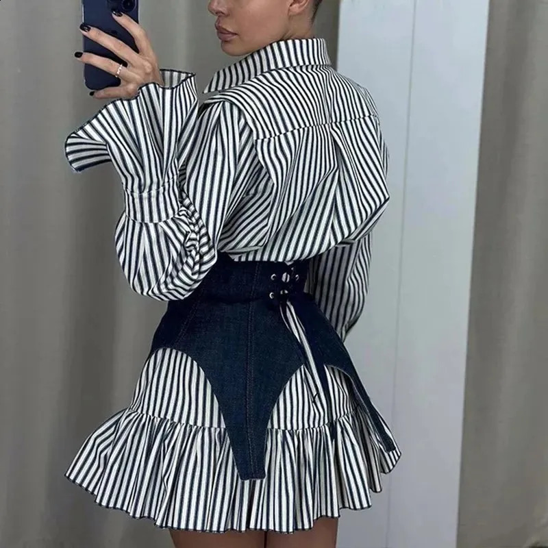 Spring Office Long Sleeved Mini Dresses Elegant Striped Button Slim Shirt Dress Womens Casual Lapel Pleated Patchwork Dress 240813