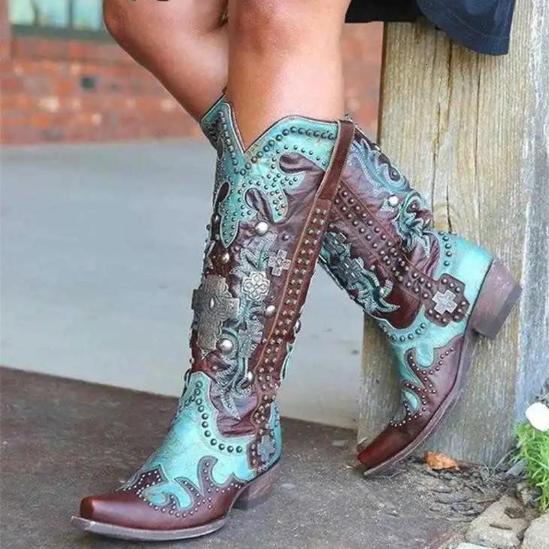 Women Sewing Patchwork Slip-On Mixed Color Flower Print Western Women's Shoes Rome Buckle Party Retro Ladies Boot