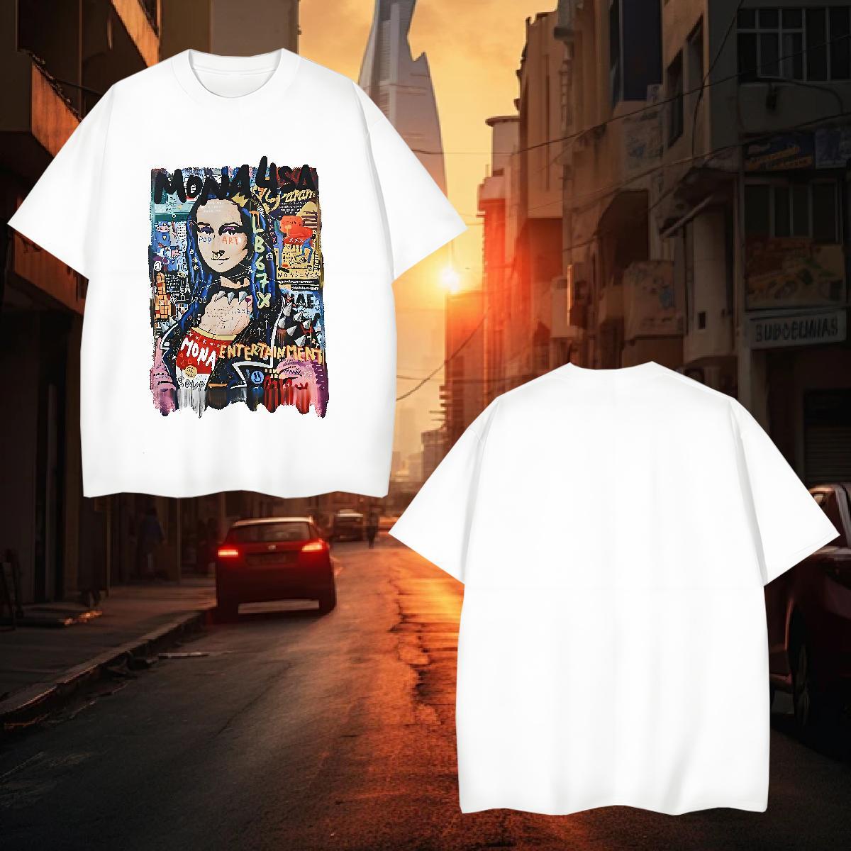 T shirt 230g Pure Cotton Mona Lisa Casual Beach Crew Neck Breathable White Plus Size Tshirt for Man Woman Designer Wholesale Top Tees