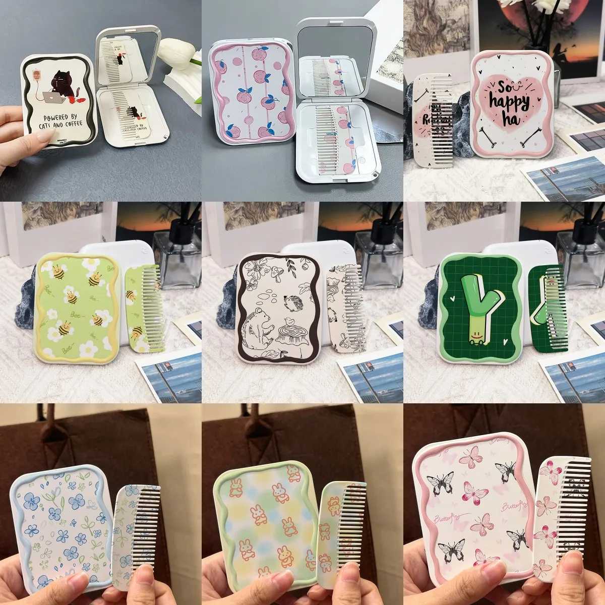 1PC Cartoon Cat Pattern Flip-Top Folding Makeup Mirror Portable Pocket Mirror Rectangle Cosmetic Mirror With Comb For Women Girl Y240819