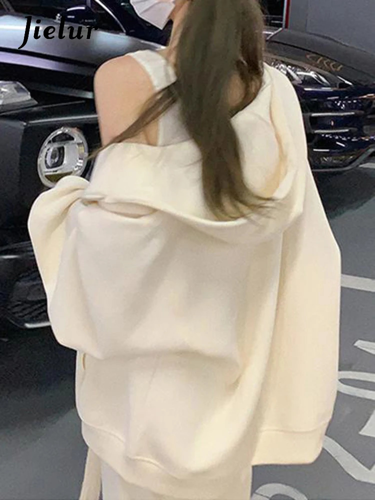 Jielur Loose O-neck Hooded Womens Sweatshirts Zip-up Simple Solid Color Sweet American Female Hoodies White Casual Sweatshirt 240819