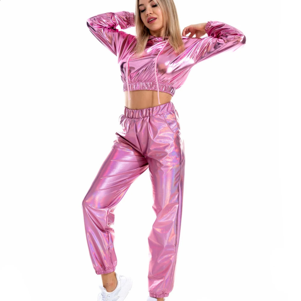 Street Clothing Y2K Womens Holographic Wetbook Hoodies Crop Top Tshirts Sports Pants Goods Trousers Tracking 240819