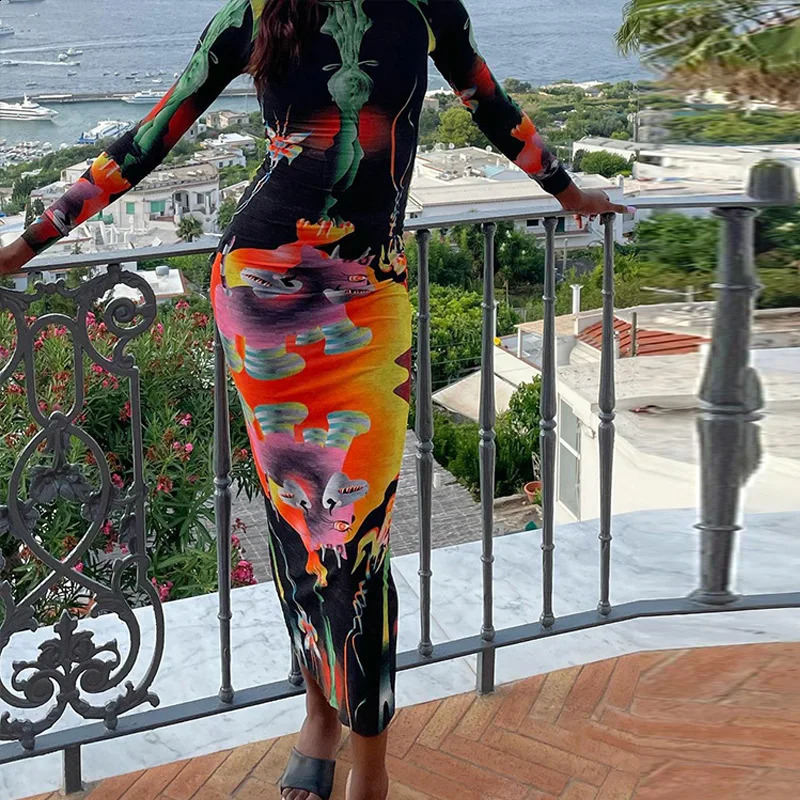 Print Long Sleeves Graphic Patchwork Sexy Slim Maxi Prom Dress Fall Women Casual Streetwear Party Y2K Clothes 240819
