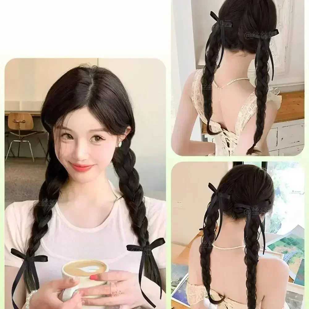 Female synthetic wig 50cm double ponytail ribbon bow wig 2PC ball head wig extended childrens girl gentle casual hairstyle W240817