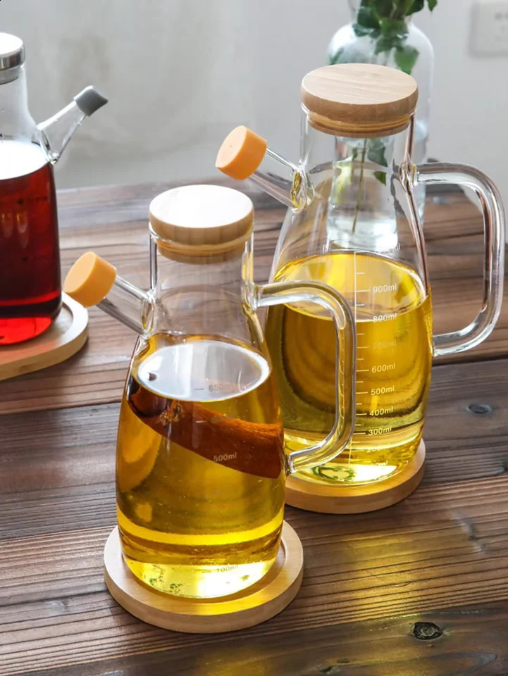 650/1000ml household creative glass dispenser oil bottle with scale and handle kitchen soy sauce vinegar seasoning storage container 240819
