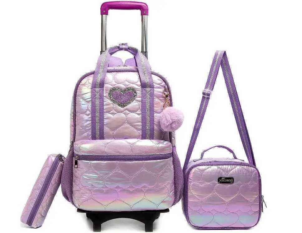 Primary School Trolley Bag Set Lunch Bag Girls Rolling Backpack for Girls School Bookbags Kids Carry-On Luggage Wheeled Backpack Y240820