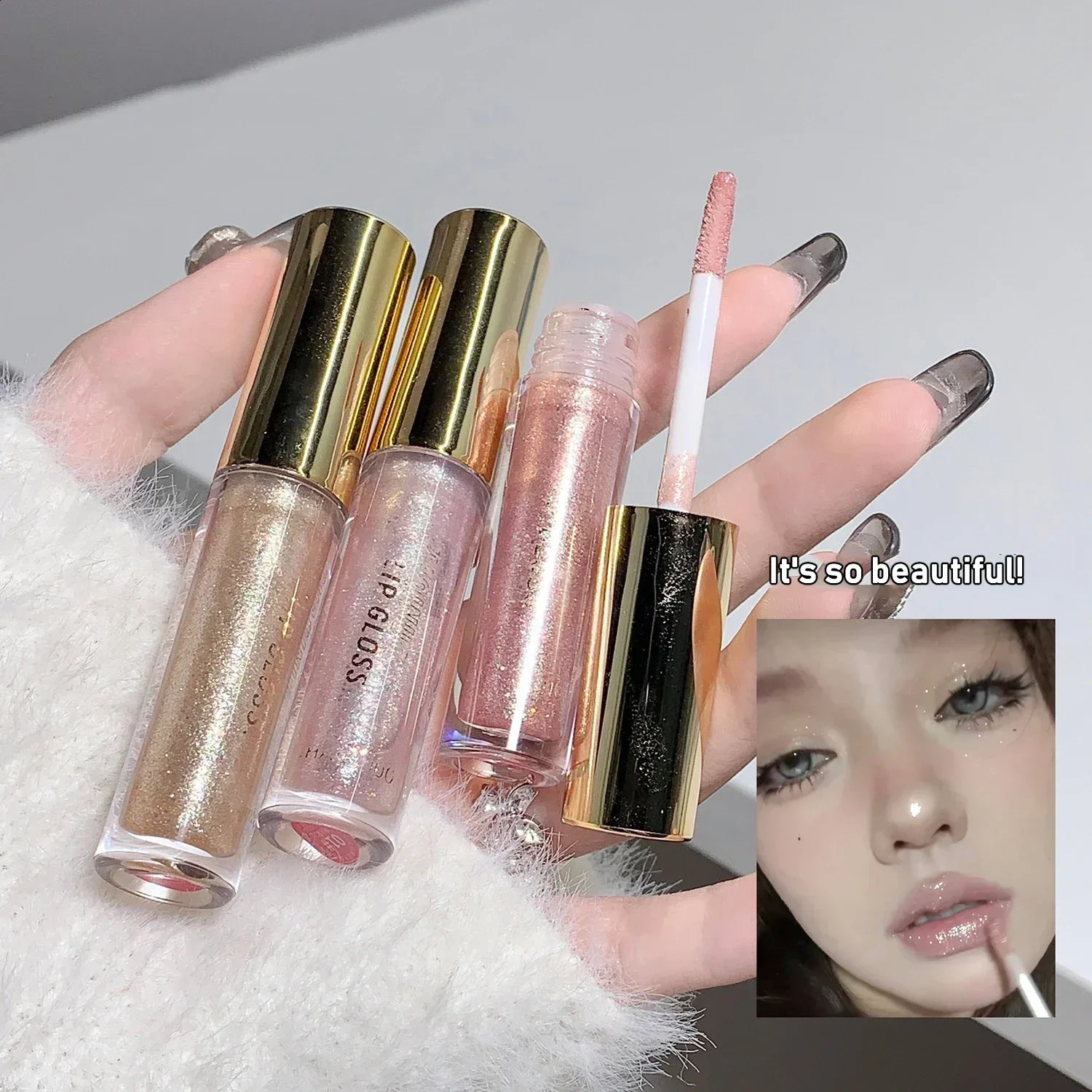 Mirror Pearl Glitter Lip Oil Long-lasting Moisturizing Plumping Gloss Lip Tint Makeup Sparkle Water Light Glaze Liquid Lipsticks 240819