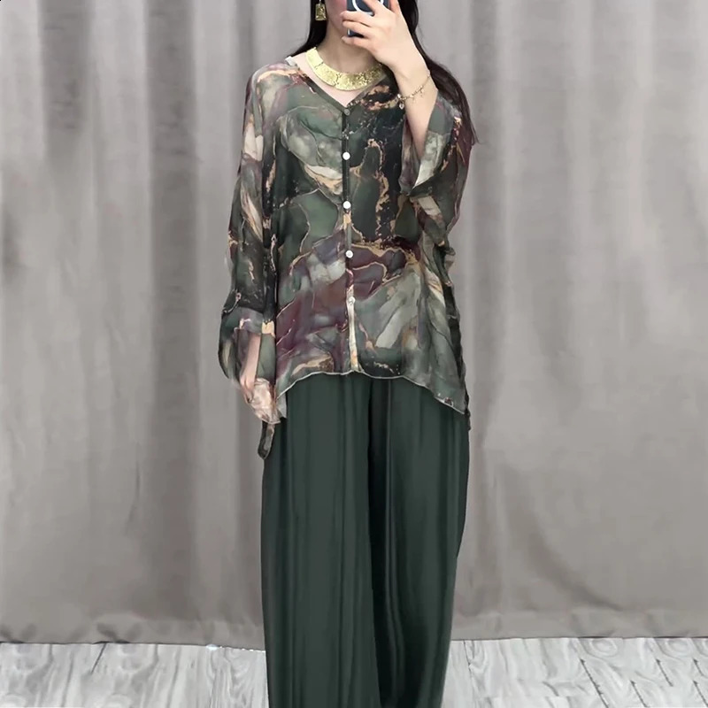 Retro Marble Print Loose Women Outfit Spring V Neck Button Blouse Shirt Pleated Pants 2pcs Autumn Long Sleeve Female Suits Set 240820