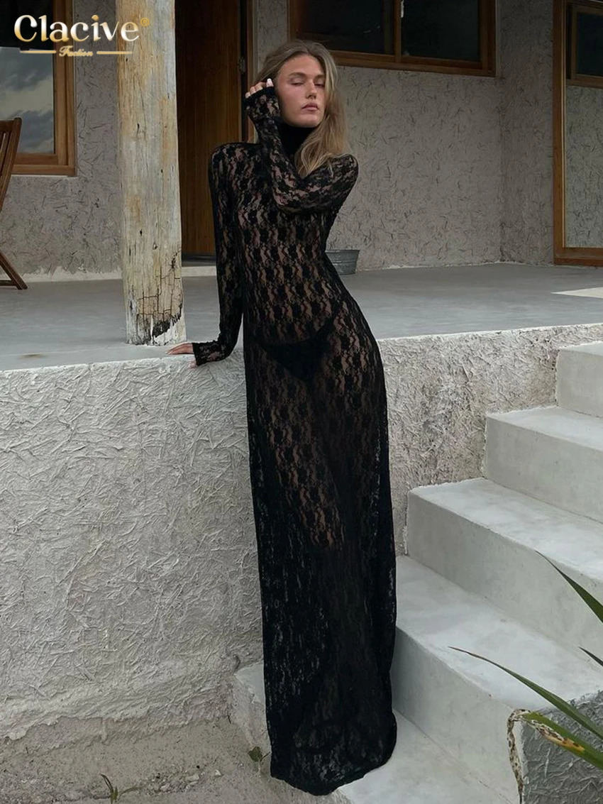Clacive Sexy See Through Black Womens Dress Bodycon Turtleneck Long Sleeve Maxi Dress Female Fashion Slim Party Club Dresses 240819