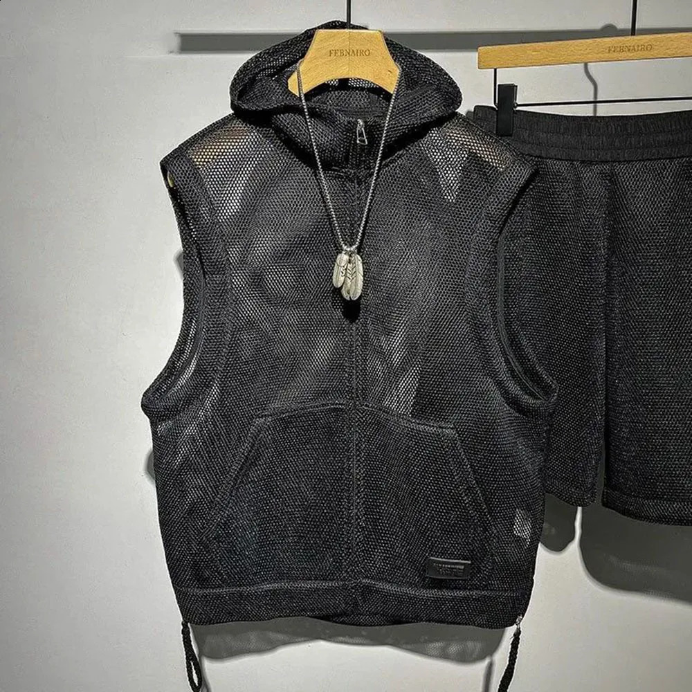 Mens Casual TwoPiece Clothing 2024 Summer MenS Solid Color FullPrint Mesh Fashion Trend Loose Shorts Hooded Vest Suit 240819