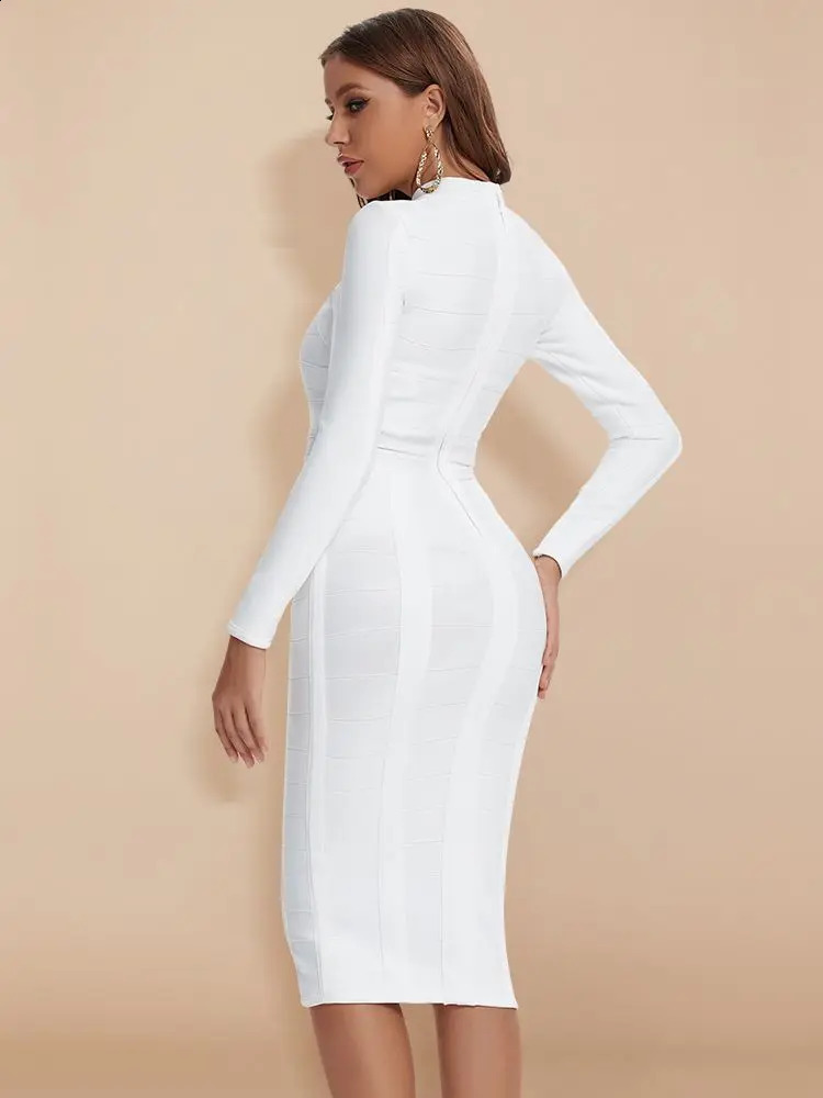 BEAUKEY Women White Hollow Out HL Bandage Dress Long Sleeve Bodycon Sexy Cut Out High Neck Party Red Black Midi Runway Dress XL 240819
