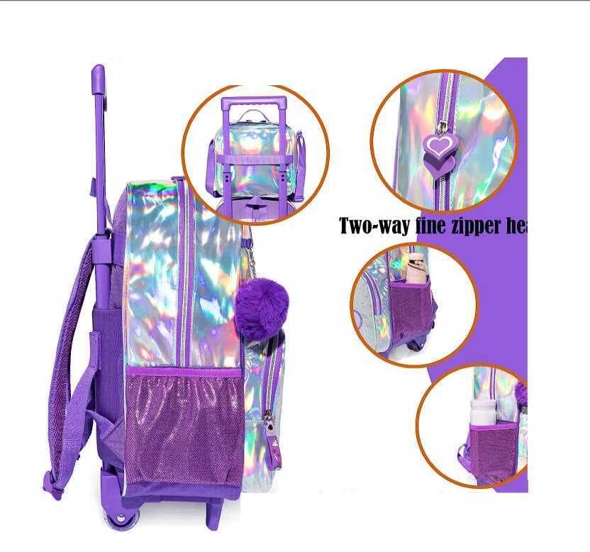 Kids Trolley Backpack and Lunch Bag Set for Girls Sequin Rolling Backpack for Girls Backpack with Wheels Kids Hand Luggage Bag Y240820