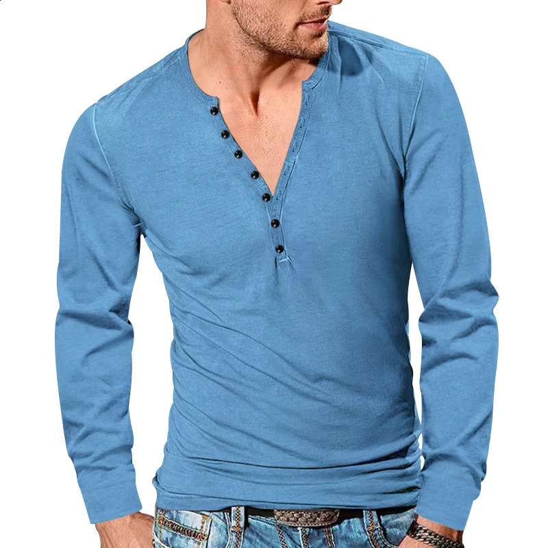 Mens Four Season Henley shirt Vintage Long Sleeve Tshirt Cross border Button VNeck Slim Solid Top 240820