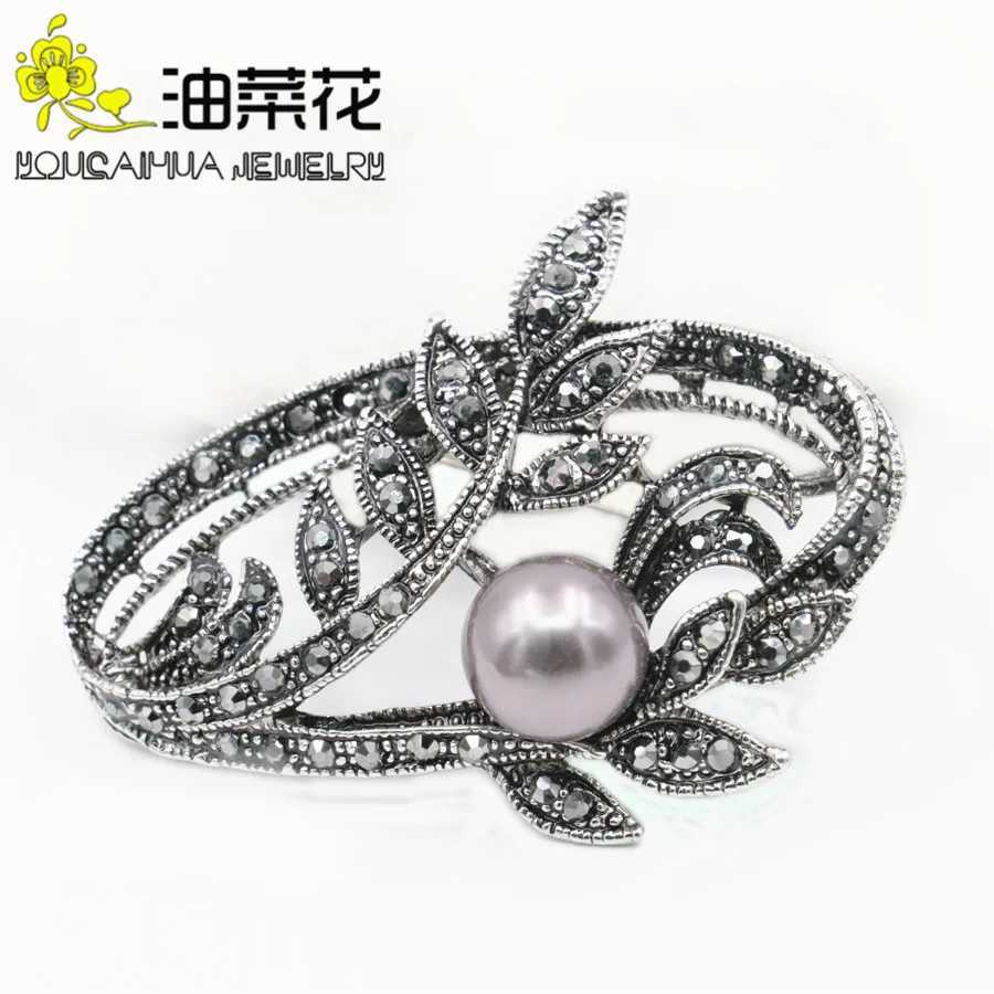 Black rhinestone brooch pearl flower rose leaf moon brooch elegant alloy brooch wedding glass bead crystal W240815