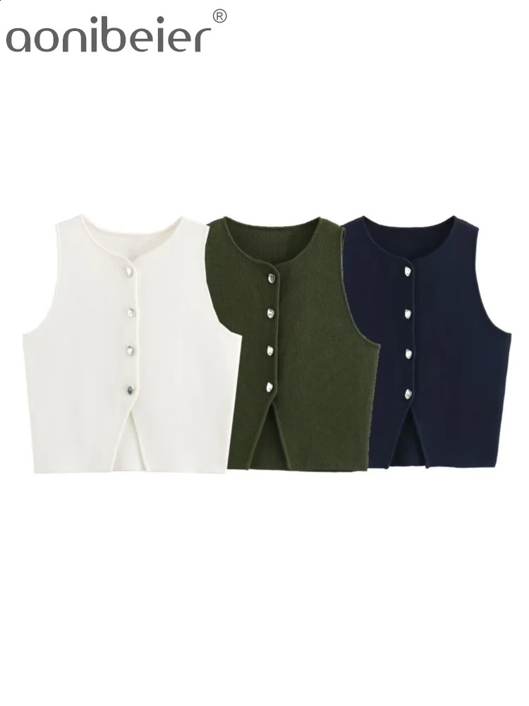 Aonibeier 3color knitted womens vest Traf autumn sleeveless single chest ultrathin cardigan Y2K crop top 240819