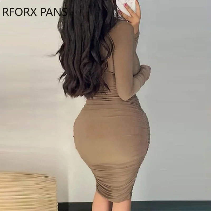 Women Solid Elegant Long Sleeves Deep V Neck Folds Sexy Midi Bodycon Party Sexy Dress 240819
