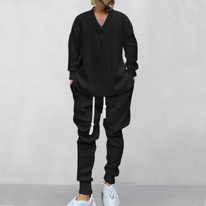 Maxi Mens Outfit Set V-neck Jacquard Knitted Sweater Autumn and Winter Casual Sports Sets for Men 240819