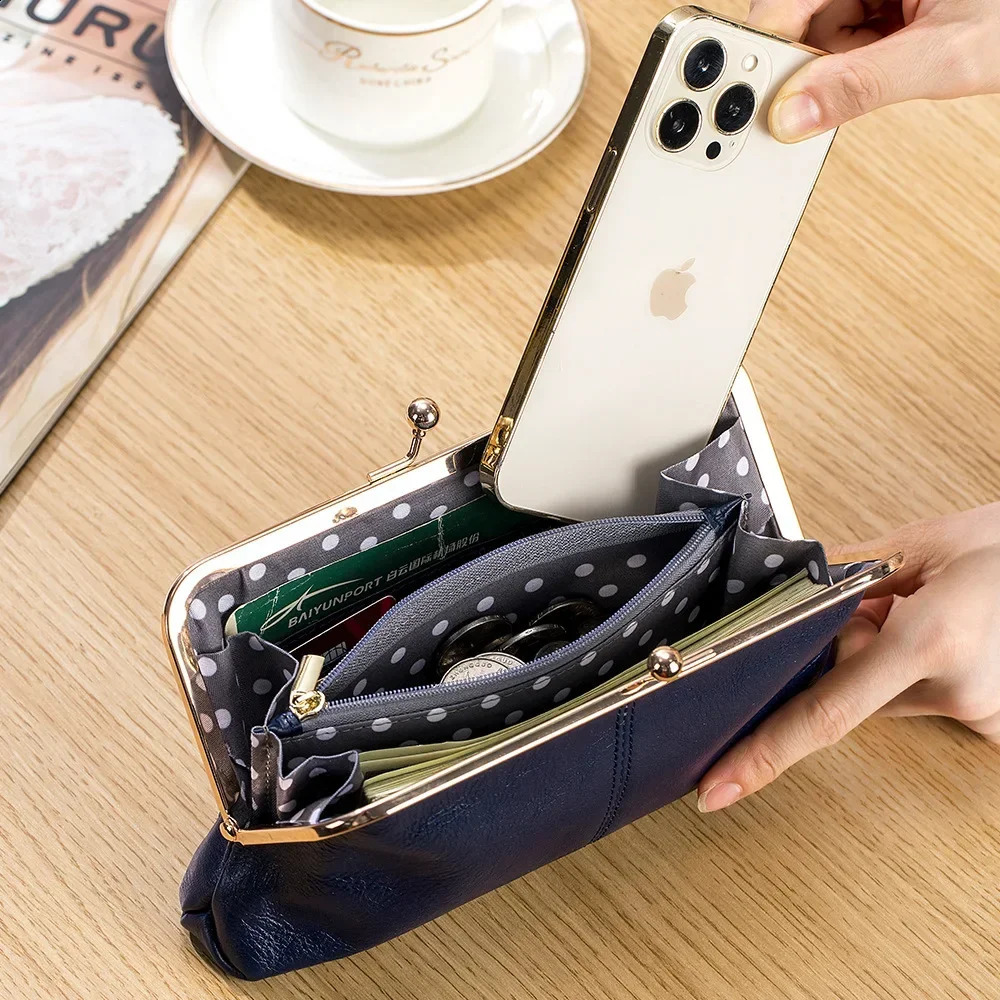 Genuine Leather Long Clutch Wallet Clip Bags Vintage Coin Purse Card Holder Key Lipstick Storage Phone Pouch Case for Women 240820