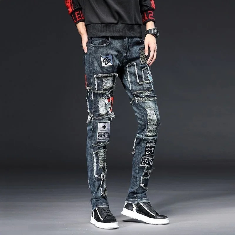 Spring and Autumn Fashion Trend Ripped Stitching Jeans Men Casual Slim Comfortable Breathable High-Quality Pants 28-36 240819