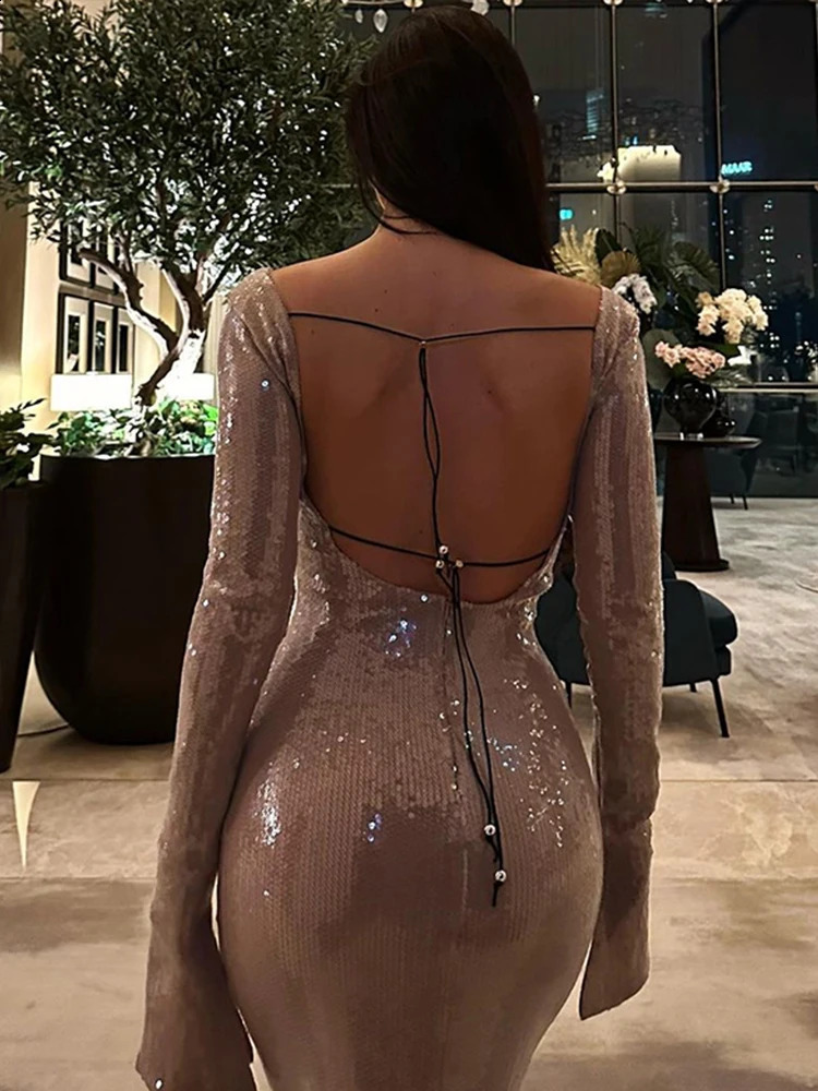 Ladies Lace Up Fishtail Dress Sexy Sequins Backless Nightclub Dresses Long Sleeved Autumn Elegant Mermaid Robe Womens Clothing 240819