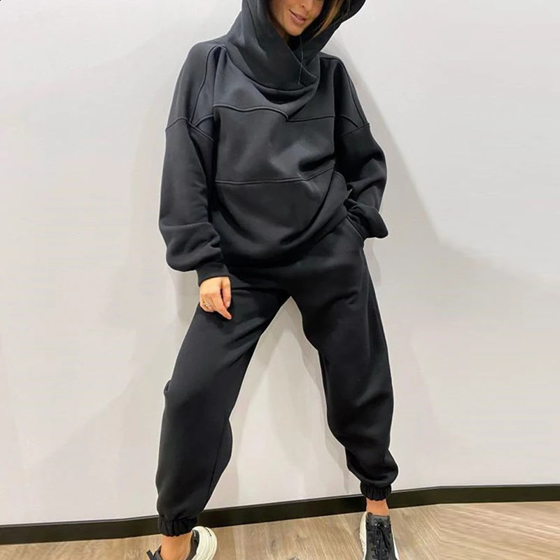 Women Fleece Two Piece Set Oversize Hoodie Sweatshirt And Jogger Trouser Tracksuits Autumn Winter Female Casual Sports Suit 240820