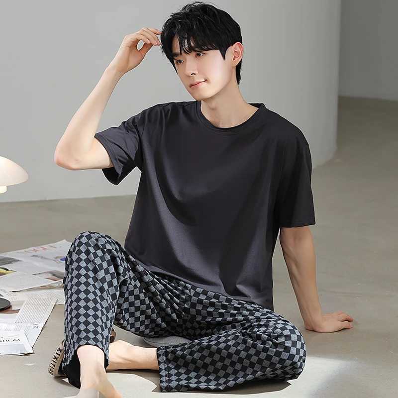 Modal Mens Sleepwear O-neck Short sleeved Pants Soft Smooth Elastic Comfortable Sleepwear Mens 5XL 4XL 3XLW240719