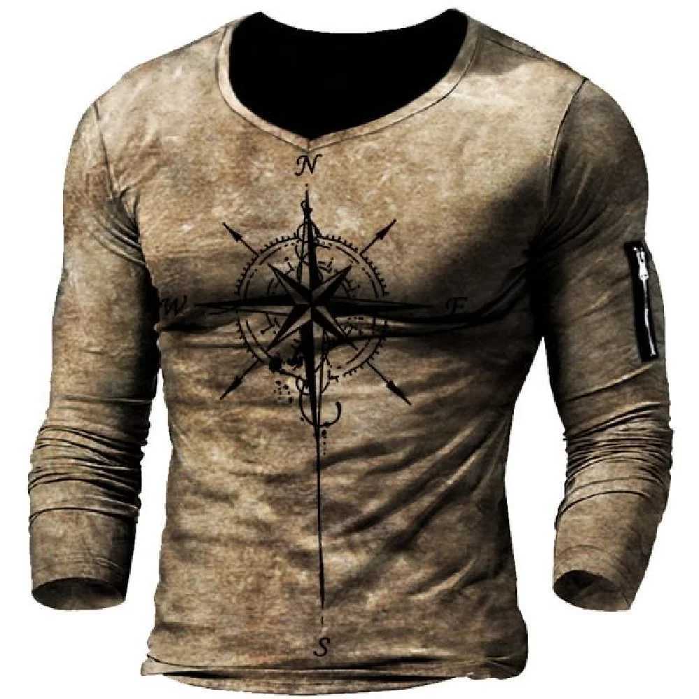 Vintage Print Long Sleeve T-shirt 3d T Shirt Compass Long Sleeve Casual O-Neck Shirt Oversized Tops Tee Shirt Man ClothesXJ240819