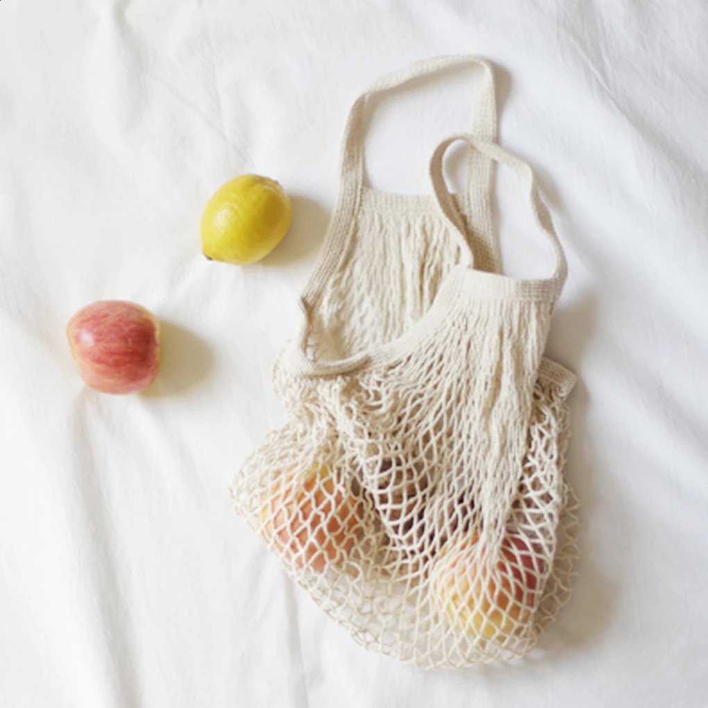 Mesh Shopping Bags with Strap Large Capacity Handbag Cotton Organizer Pocket Outdoor Picnic Travel Hiking y240925