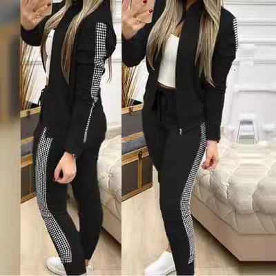 Autumn/winter New Long Style Sports and Leisure Zipper Splicing Grid Set Womens Clothing
