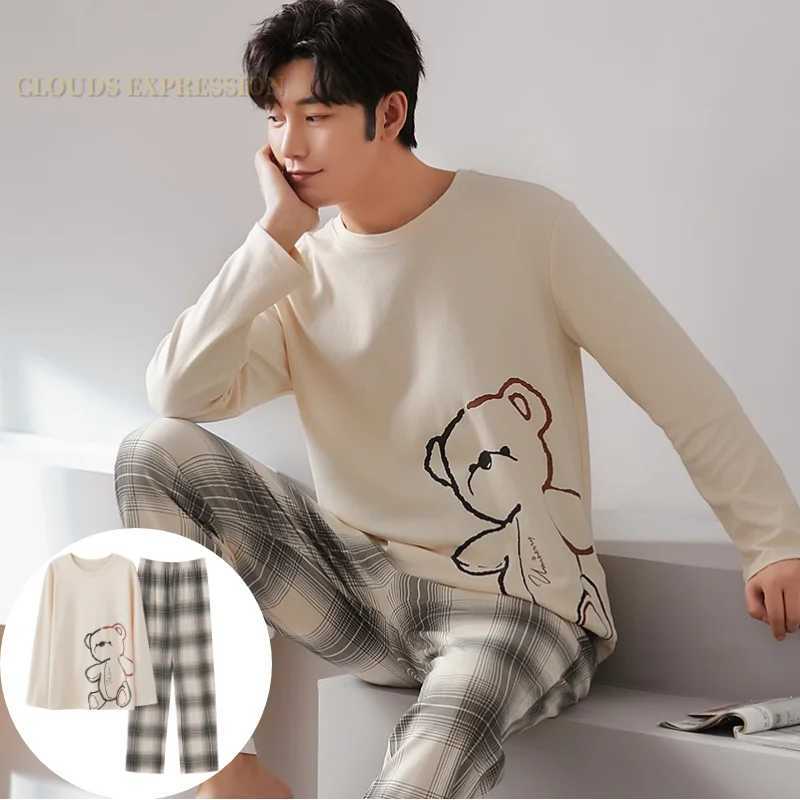 Autumn and Winter Mens Cotton Sleepwear Letter Striped Sleepwear Cartoon Sleepwear Set Casual Sleep and Lounge Sleepwear Plus Size 4XL SleepwearW24071