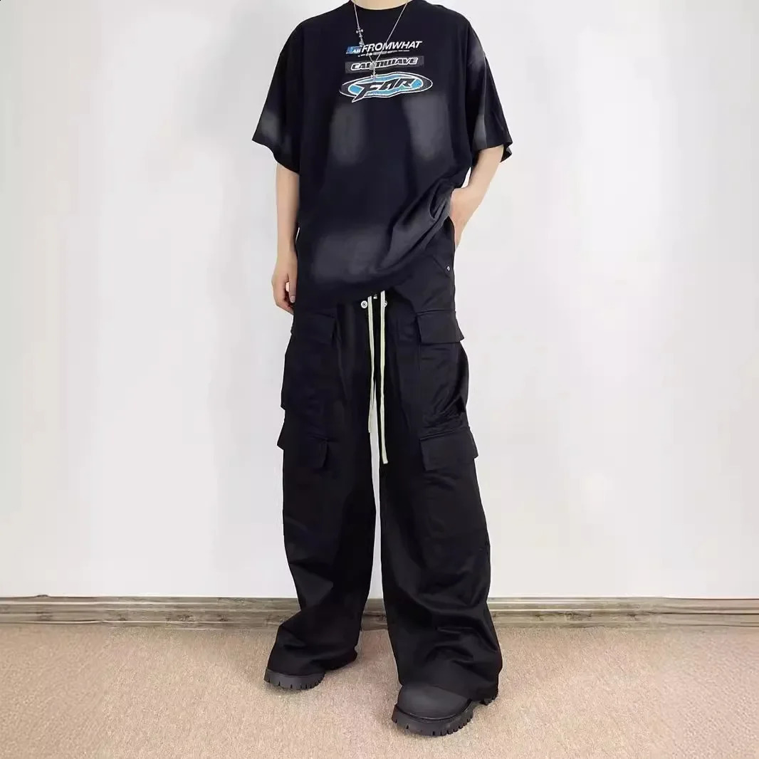 2024 casual loose fit straight leg wide leg cargo pants unisex matte black cargo pants 240819