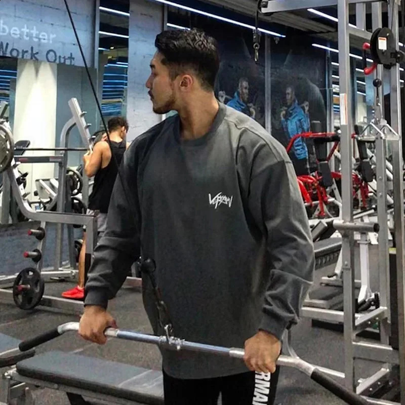 Mens Gym Fitness T-shirt O-Neck Loose Bodybuilding Long Sleeve Top Running Sports Sweatshirts Workout Pullovers Casual Clothing 240820