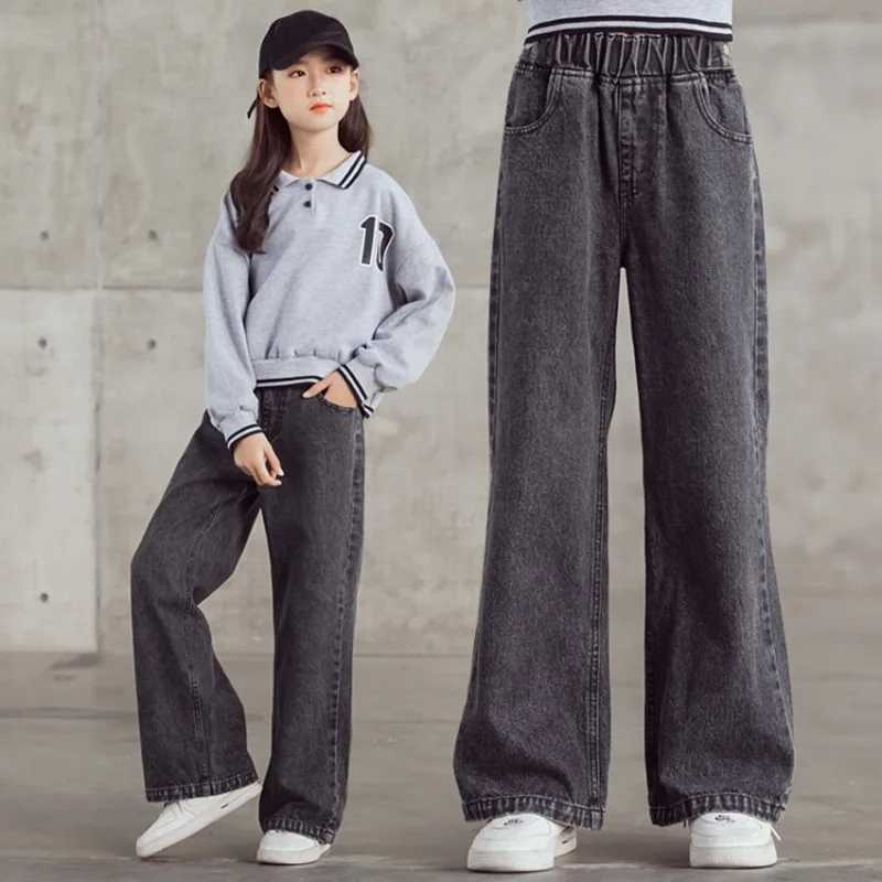 Teenage girl jeans black casual wide leg pants 2023 new school childrens denim Trouser solid loose childrens clothing 12 13 14 years oldW240819
