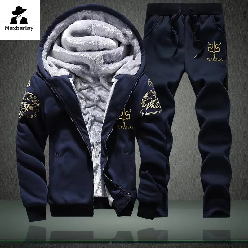 2024 Winter Thick Men Sports Suit Tracksuit Hooded Sportswear Zipper Cardigan Hooded Woolen Trousers Pants Casual Men Set 240819