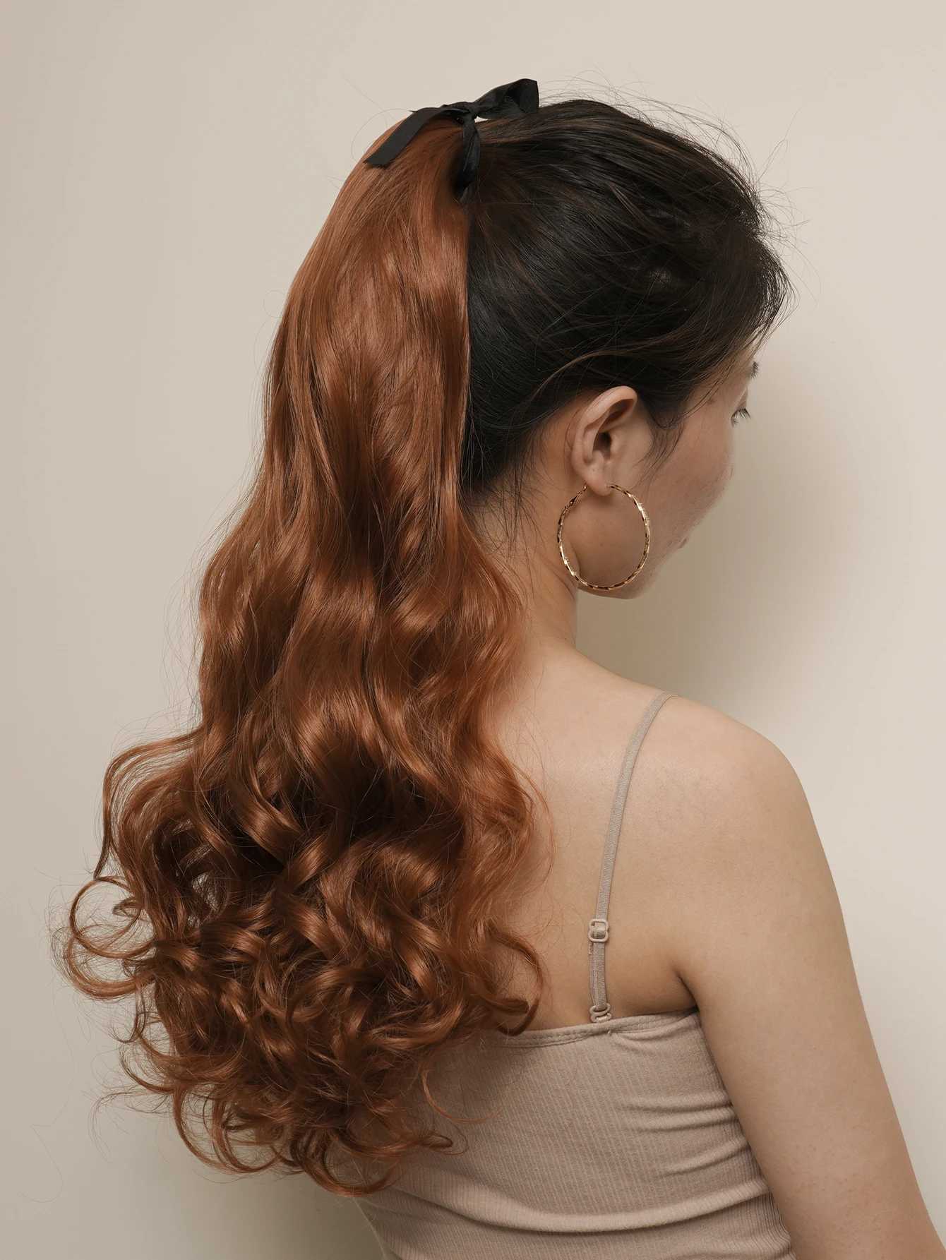 Ponytail hair extension accessory orange 24 inch long natural wave heat-resistant fiber synthetic ponytail wig womens leather W240817