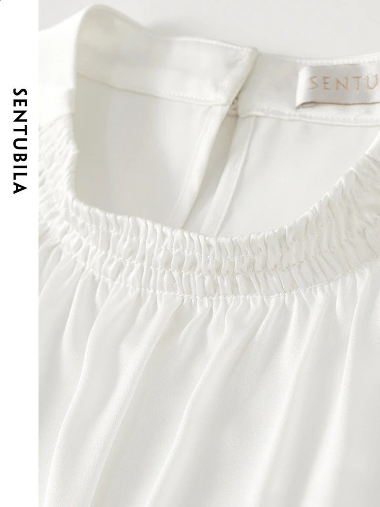 SENTUBILA Elegant Stand up Chiffon Shirt and Summer Loose Simple Short Sleeve Top Womens Zipper 142V53541 240814