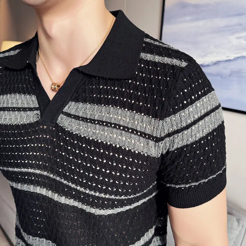 Summer Short Sleeved Breathable Polo Shirts Stripe Fashion Lapel Casual Men Print Turn Down Collar Versatile Loose Thin Tops 240820