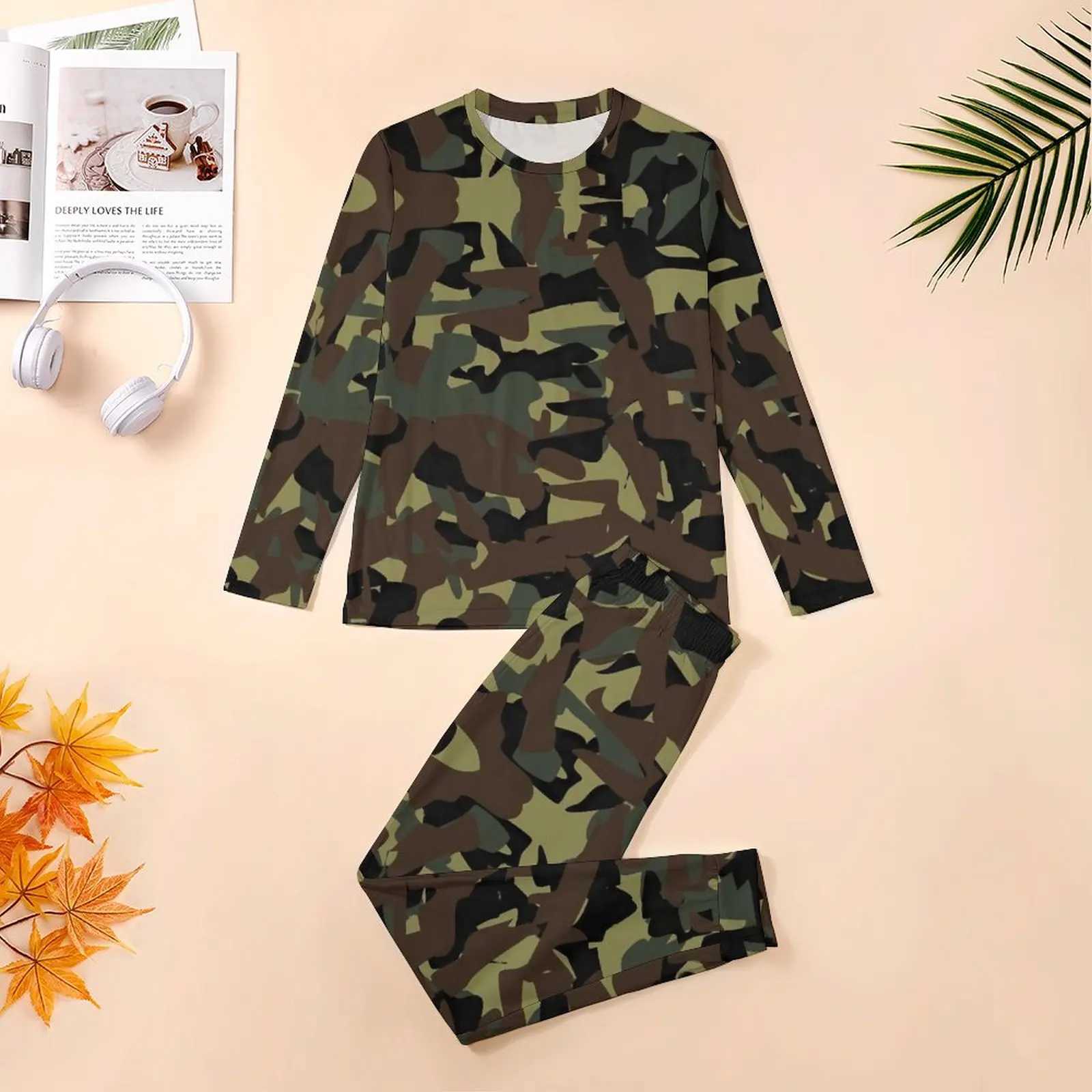 Camouflage printed pajamas autumn 2-piece military camouflage cute pajamas set mens long sleeved bedroom printed pajamas 3XL 4XL 5XLW240719