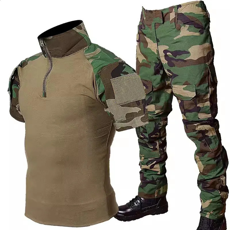 Summer Cargo Sets Men Breathable Short Sleeve TshirtsMulti-pocket Straight Pant 2 Pcs Suits Outdoor Wear-resistant Tactical Set 240819