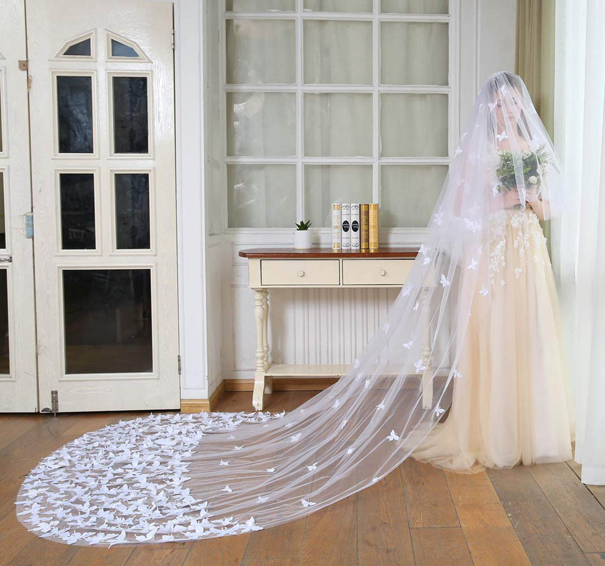Butterfly Wedding Veil with 3D Appliques Cathedral Mantilla Bridal Veil Flowers Bridal Veil Soft Tulle Veil Custom Made
