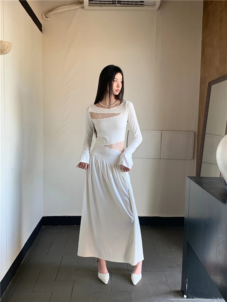 Lace White Long Dress WomenS Spring And Autumn Style High-End Sense Spliced Waist Exposed Slim Fit Temperament Dress 240819