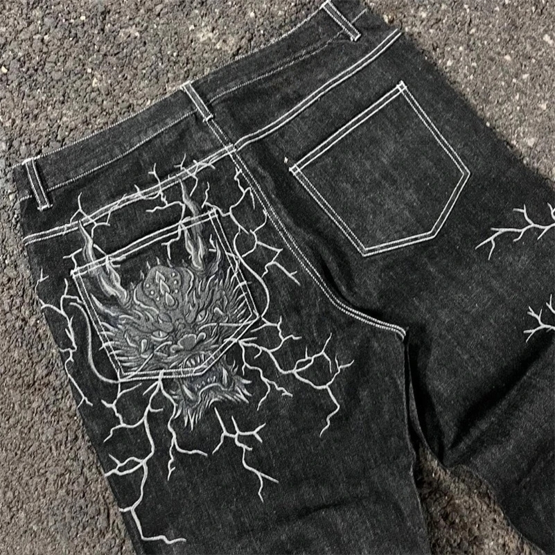 Denim Trousers Y2K Loose Personalized Print American High Street Jeans High Waist Street Wear Washed Trousers 240819