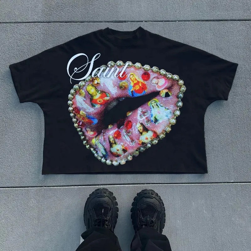Y2k Top Gothic Trendy Big Mouth Pattern Printed Oversized Tshirt for Mens Summer Loose Harajuku Round Neck Versatile 240819
