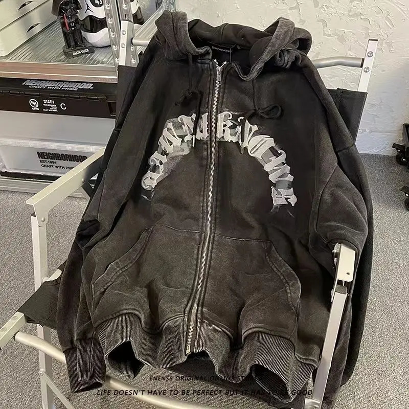 Womens Hoodie Zip-up Bouquet letter Print Hoodies Y2k clothing High Street sweatshirts for men Round Neck Vintage Dark 240814