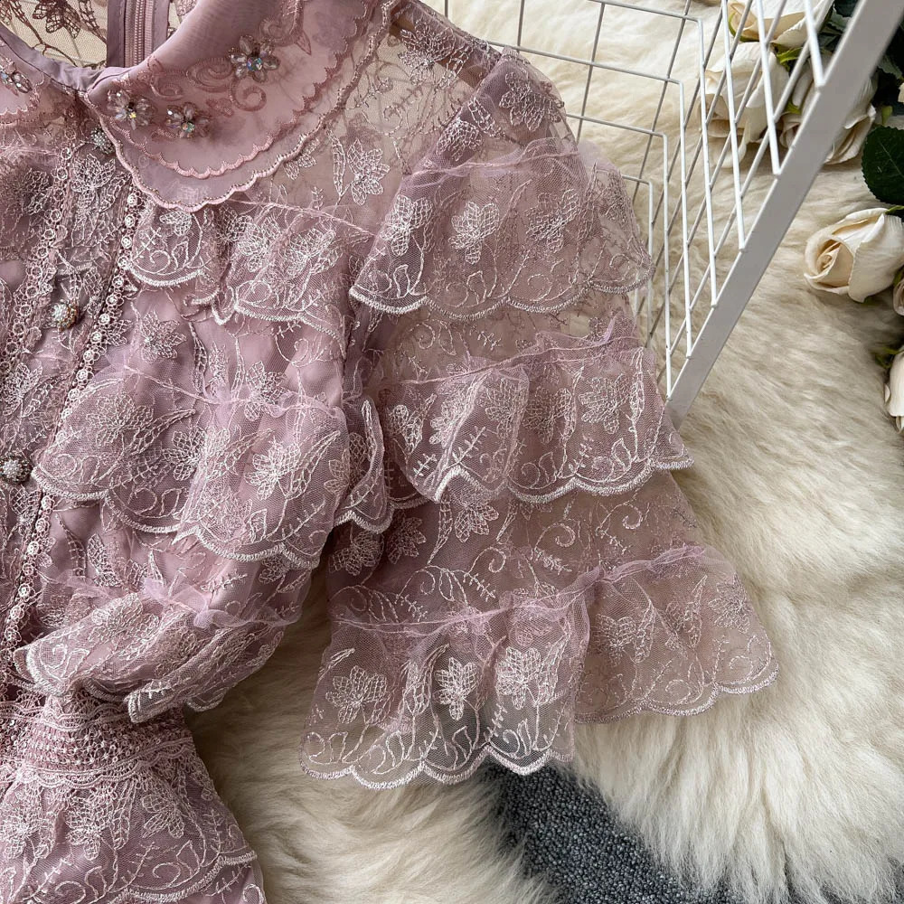 Summer Pink Lace Embroidery Mini Dress Female Short Sleeve High Waist Ruffles Elegant Runway Cascading Vestidos N6922 240819