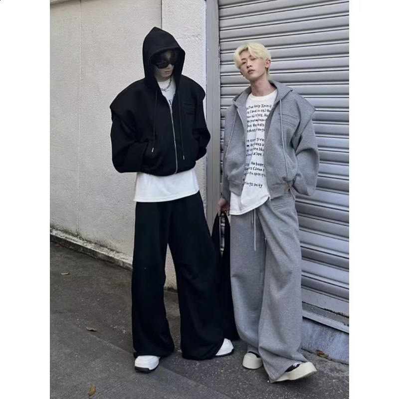 Korea Sport Casual 2 Pcs Set Mens High Street Hooded Cardigans JacketsStraight Wide Leg Pants Male Retro Sets Spring Autumn 240819